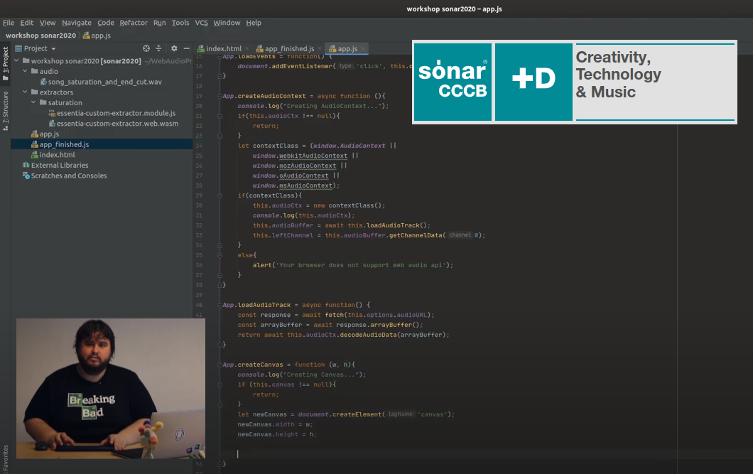 screenshot from the workshop showing the luis explaining some essentia.js code